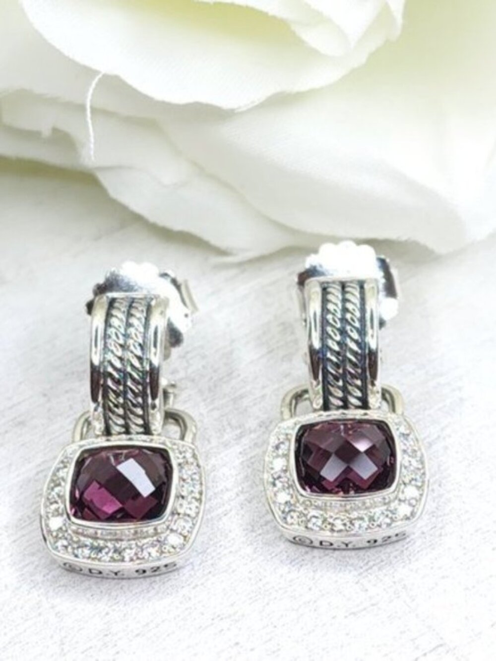 David Yurman Sterling Silver Albion Amethyst w/ Diamonds Drop Earrings - FCM123